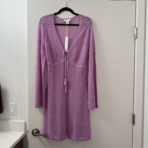 House of Harlow 1960 Lilac/Lavender Knit Crochet Long Sleeve Swim Coverup NWT L